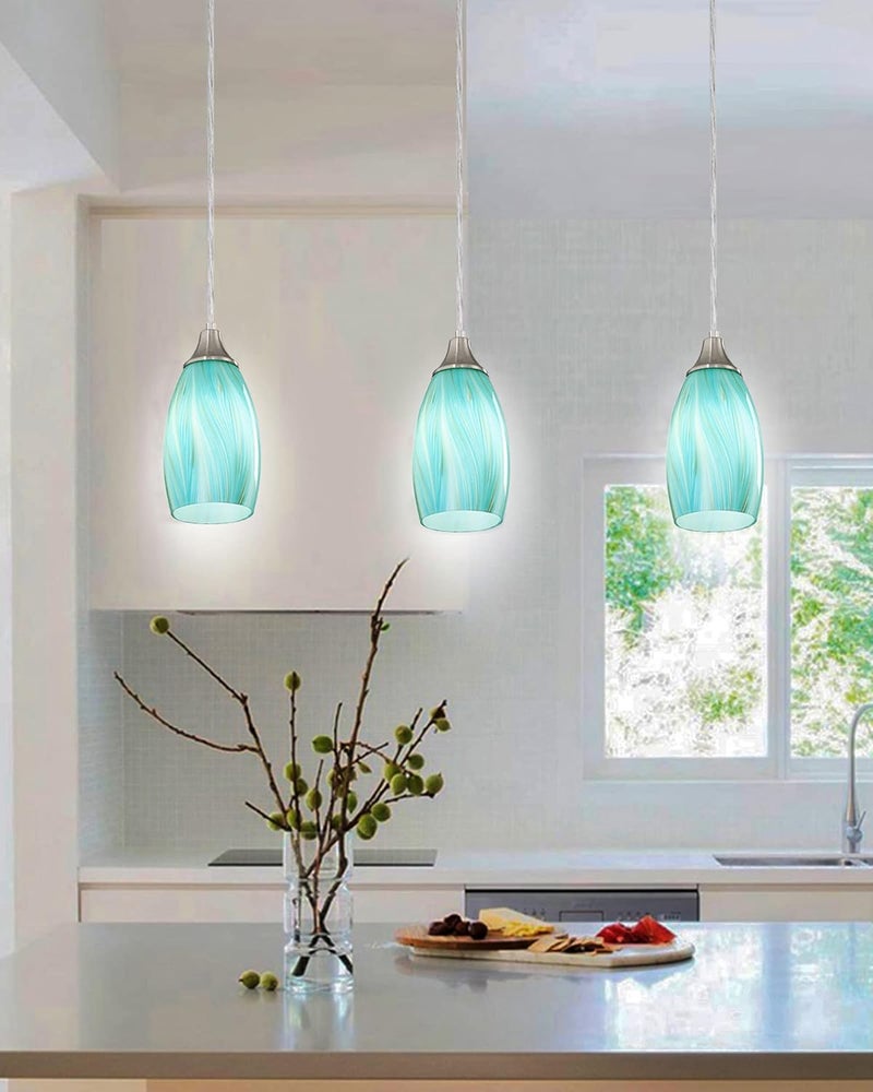 karyfine Mini Pendant Light,Handcrafted Art Glass Pendant Lighting Shade with Brushed Nickel Finished Teal Glass Ceiling Hanging lamp Adjustable Cord for Kitchen Island,Hallway,Dining Room - Image 5
